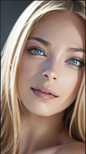 blue eyes, Blonde hair, Large Breasts, 4K resolution, High quality CG, Beautiful CG, Soft Light, realistic, photo-realistic:1.37),(8k, RAW photo, best quality, masterpiece:1.2), cute, ultra-detailed,physically-based rendering, ultra high res, sharp focus, looking at viewer,photorealistic,realistic, solo, photorealistic, best quality, extremely detailed face,extremely detailed eyes and face, beautiful detailed eyes,absurdres, incredibly absurdres,haunting smile, natural breasts, soft areolas, Puffy areolas, puffy nipples, detailed areolas, plunk areolas, detailed nipples, full body, sexy shot, smooth body, sexy body, huge stunning goddess shot