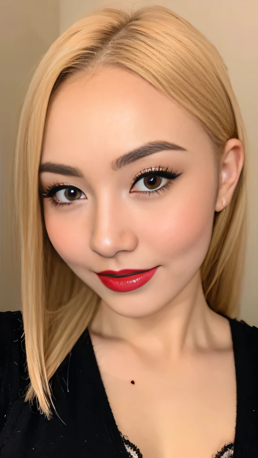 instagram photo, closeup face photo of 23 y.o Chloe in G-string, Red Lipstick, sensual Lipstick, Sensational Make Up, cleavage, pale skin, gold hair, (smile:0.4), hard shadows, red G-STRING, bright lighting 