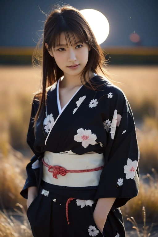 1 girl, (She is wearing a cute yukata:1.2), Very beautiful Japanese idol portraits, Tsukimi、Mid-Autumn Moon、moonlight，Japanese silver grass、dumpling
(RAW Photos, Best Quality), (Realistic, Realistic:1.4), (masterpiece), 
Very delicate and beautiful, Very detailed, 2k wallpaper, wonderful, finely, Very detailed CG Unity 8K wallpaper, Very detailed, High resolution, Soft Light, 
Beautiful detailed girl, Very detailed目と顔, Beautiful and sophisticated nose, Beautiful beautiful eyes, Cinema Lighting, 
(Standing in a moonlit barren field in late autumn:1.3), (hill), (Big Moon), (Full-body silhouette of a girl floating in the moonlight), (Dark screen at night:1.5), 
(Medium Hair), (Hair blowing in the wind), 
Perfect Anatomy, Slender body, Small breasts