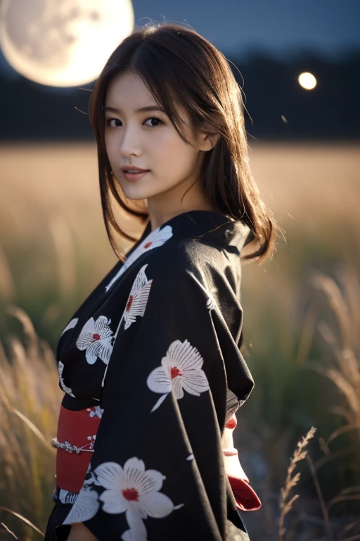 1 girl, (She is wearing a cute yukata:1.2), Very beautiful Japanese idol portraits, Tsukimi、Mid-Autumn Moon、moonlight，Japanese silver grass、dumpling
(RAW Photos, Best Quality), (Realistic, Realistic:1.4), (masterpiece), 
Very delicate and beautiful, Very detailed, 2k wallpaper, wonderful, finely, Very detailed CG Unity 8K wallpaper, Very detailed, High resolution, Soft Light, 
Beautiful detailed girl, Very detailed目と顔, Beautiful and sophisticated nose, Beautiful beautiful eyes, Cinema Lighting, 
(Standing in a moonlit barren field in late autumn:1.3), (hill), (Big Moon), (Full-body silhouette of a girl floating in the moonlight), (Dark screen at night:1.5), 
(Medium Hair), (Hair blowing in the wind), 
Perfect Anatomy, Slender body, Small breasts