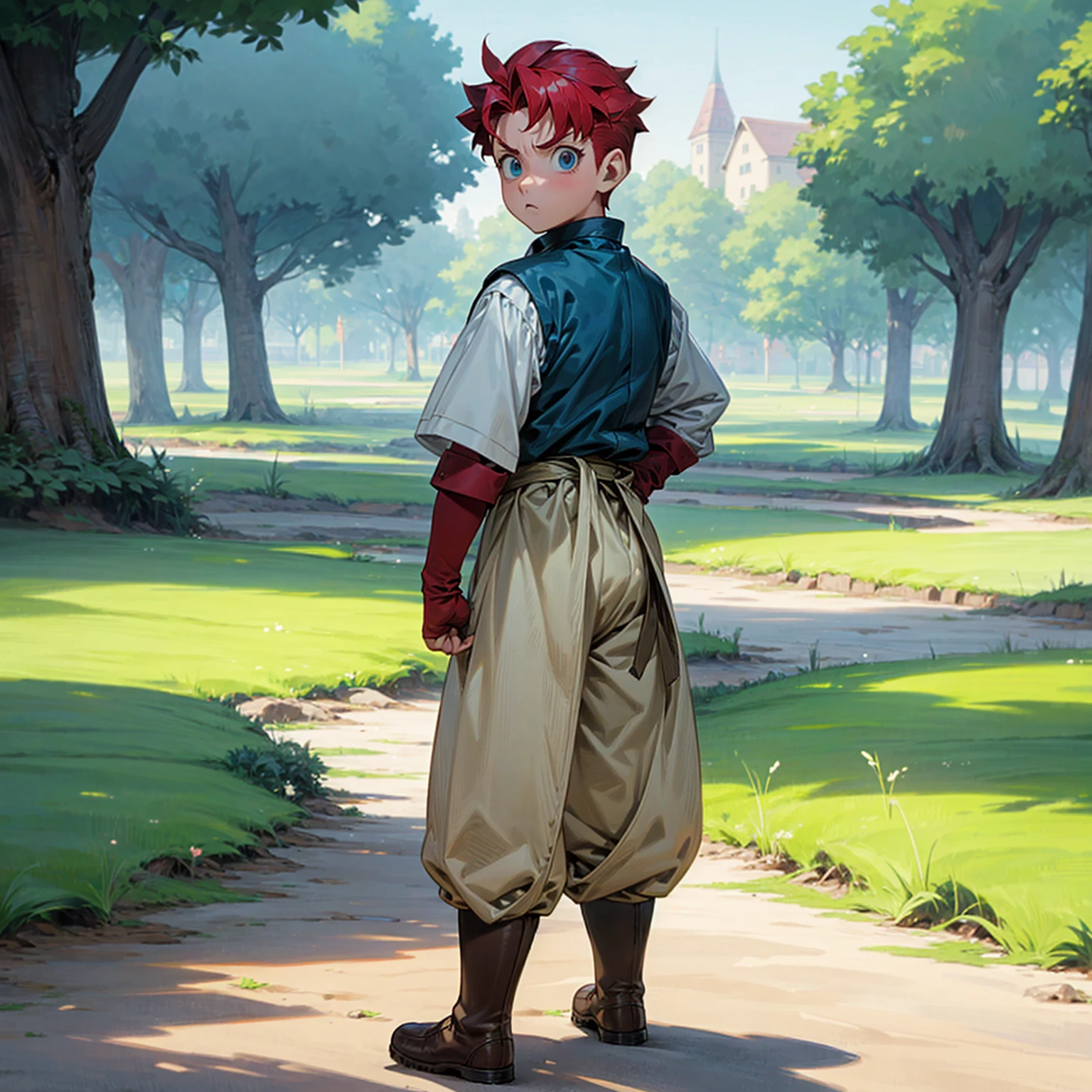 Solo character, full body version, kid boy, very fat, blue eyes, red color hair, undercut hair, casual clothing, white color clothing, brown pants, boots, outdoor, park, village, medieval, standing gesture, detailed background, detailed clothing, detailed hair, (Hunter x Hunter style art), angry eyes 