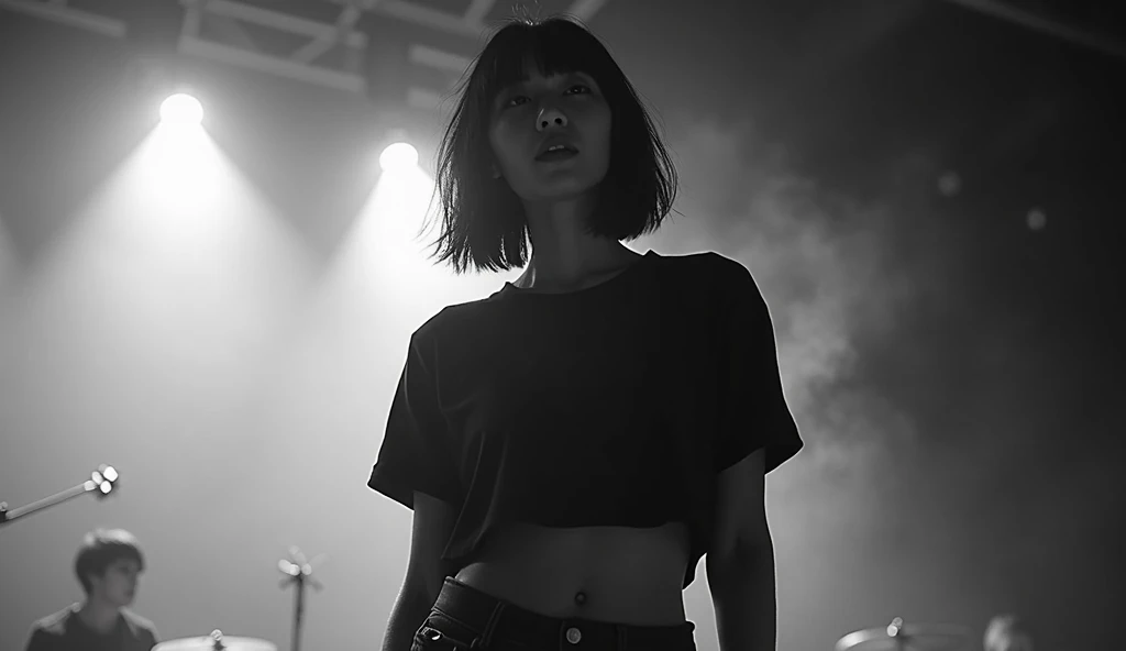 Black and white photography、Live footage、25 year old woman。Asian woman with short bob、Straight Hair、band、skirt、Beautiful Face、Punk Rock、Large Breasts、Satomi Ishihara、Black T-shirt、A cleavage so big you could squeeze your penis in it、Stage Lighting、smoke、mist、Alice Hirose、Solo artist、skirtめくり、Leaning forward to look at you、
