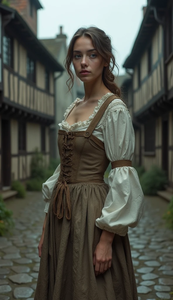 A medival cammoner girl with white dress and corset full body. Her skirt have black white tartan pattern 