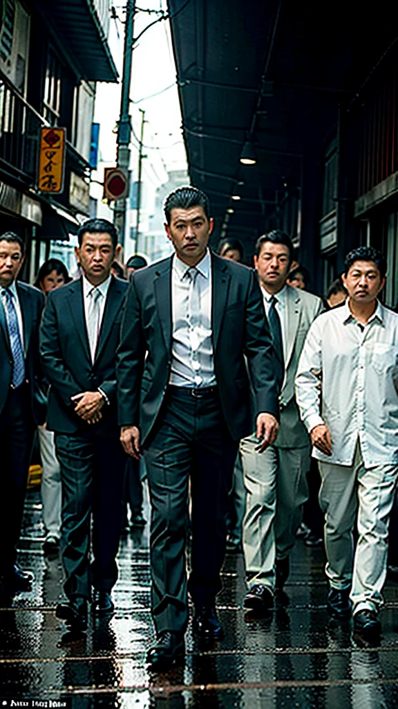 "Design an 8k movie poster featuring an Asian female Yakuza boss with a commanding presence, wearing a stylish crop top shirt, a sharp blazer, and a long skirt. She stands confidently in the foreground, exuding power and authority, with three male gang members positioned behind her. five men The men are dressed in dark, sharp suits with stern, loyal expressions, ready to protect their boss. The background is a dimly lit urban alley with neon lights reflecting off wet pavement, creating a moody, crime-filled atmosphere. The boss’s pose is fierce and seductive, with an intense gaze that conveys control and confidence."