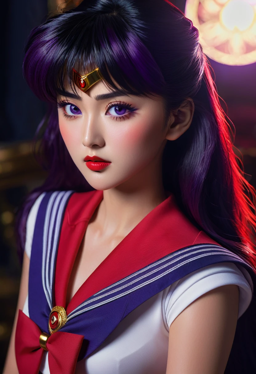 A highly detailed realistic of Sailor Mars, Rei Hino, in a dark fantasy movie setting, photorealistic, extremely detailed facial features, striking purple eyes, full lips, long eyelashes, elegant hairstyle, detailed red sailor mars uniform design, dramatic lighting, cinematic composition, moody color palette, intricate background details, fantasy elements, 8k, best quality, ultra-detailed, masterpiece