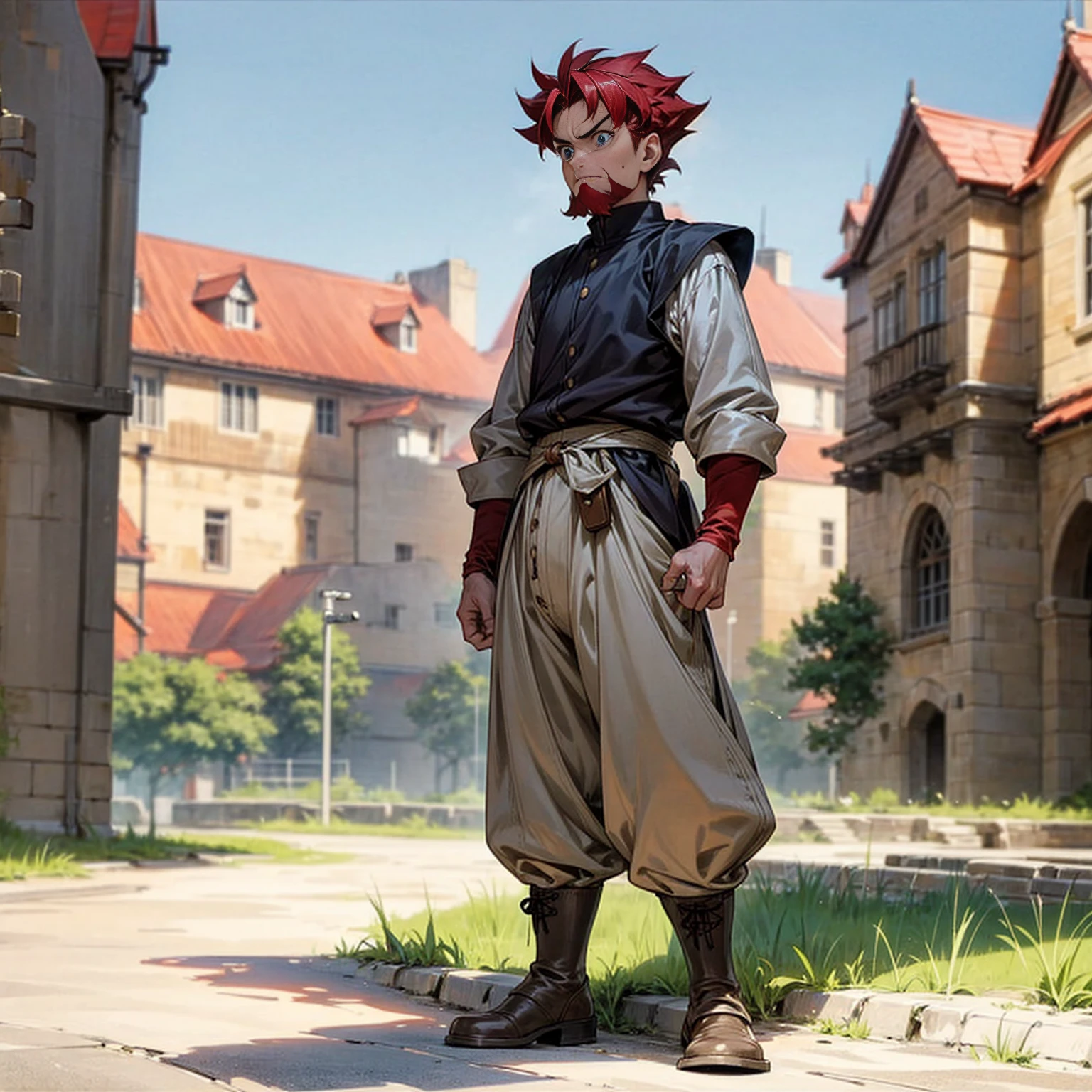 Solo character, full body version, old man, long chin beard, blue eyes, red color hair, undercut hair, casual clothing, white color clothing, brown pants, boots, outdoor, park, village, medieval, standing gesture, detailed background, detailed clothing, detailed hair, (Hunter x Hunter style art), angry eyes, very muscle, tall man,