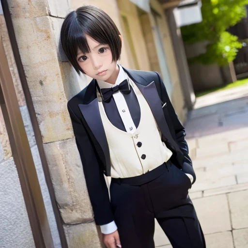 High details, HD, Asian、Despite this, Young teenager girl, height is 140cm, She is disguised as a boy, mimic Short hair like boy, boots, butler clothes, black trousers, tailcoat, The girl’s facial expression is maintained