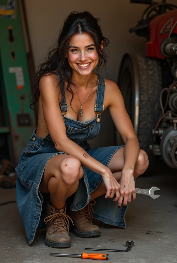beautiful white smiling, holding a screwdriver between his legs (squatting on mechanic's stool object) between her legs squatting with her legs open, her skirt lifted , A woman wearing a crop top in a mechanic's workshop holding tools, fixing a machine , work boots , overalls skirt, wrench holding it with both hands ,many stained with grease on the legs well defined hands