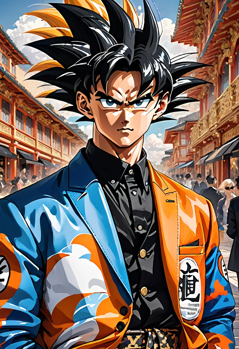 a portrait of 'Goku' from 'Dragon ball z', wearing designer outfits inspired by  Luis Vuitton designs. The scene should be set in a high-end fashion store with sleek in the background. 'Goku', in his black hair color, is dressed in a sleek suit jacket inspired by his color palette, paired with a black inner t-shirt Luis Vuitton designs. Incorporate bold colors, intricate details. The mood is sophisticated and glamorous, with the characters exuding confidence and style. Half body shot. The camera angle is a low-angle shot, looking up at the characters. ART BY GUWEIZ.