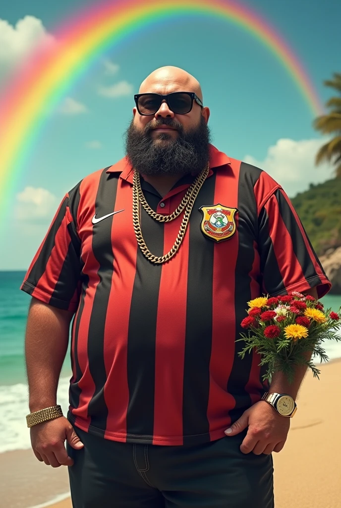 1 chubby man (homem de costa , He has his back to the viewer. Pool Scenario, beautiful mansion, Plantas Estilo urban jungle. Dia de sol, magnificent sky, sombras e luz no ambiente . He's bearded. gesturing with hands. gold chain around the neck, rings, clock