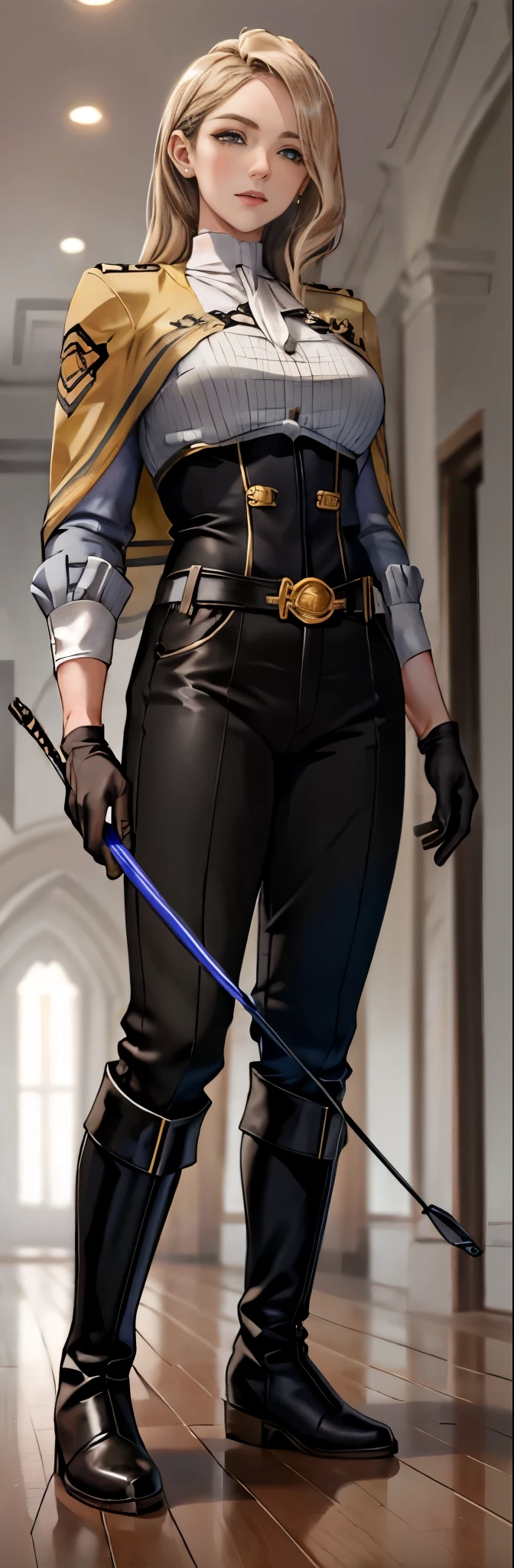 Mature female, adult, milf, mature, 30 years old, woman ((solo)),(1girl),standing, full body, authority, queen, leather outfit, dominant, (muscular), long sleeves, double-breasted, (holding riding crop:1.2), (black knee-high boots:1.4), (uniform pants:1.2),devious, seductive, evil, confident, belt, cape, standing, bedroom, military uniform, looking at viewer, from below, clean floor, empty room, large windows, guard, warden, queen, commander, (smirk:0.33) tall, deadpan, (black gloves:1.6)