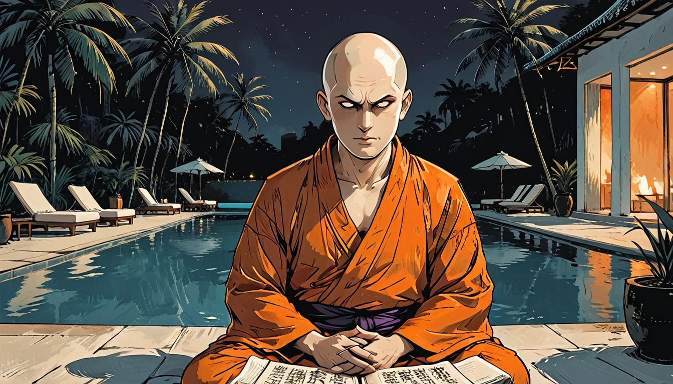 (night),portrait blind Buddhist monk sitting next to the pool at the white hotel, tropical, palm, white hotel, pool, round face, white eyes, no eyebrows, no hair, bald, paw-eared, round cheeks, narrow lips, man, white sclera eyes, Whitewash Eyes, ((orange Kashaya)), graphic style of novel comics, perfect hands, 2d,
8k, hyperrealism, masterpiece, high resolution, best quality, ultra-detailed, super realistic, Hyperrealistic art, high-quality, ultra high res, highest detailed, lot of details, Extremely high-resolution details, incredibly lifelike, colourful, soft cinematic light,
