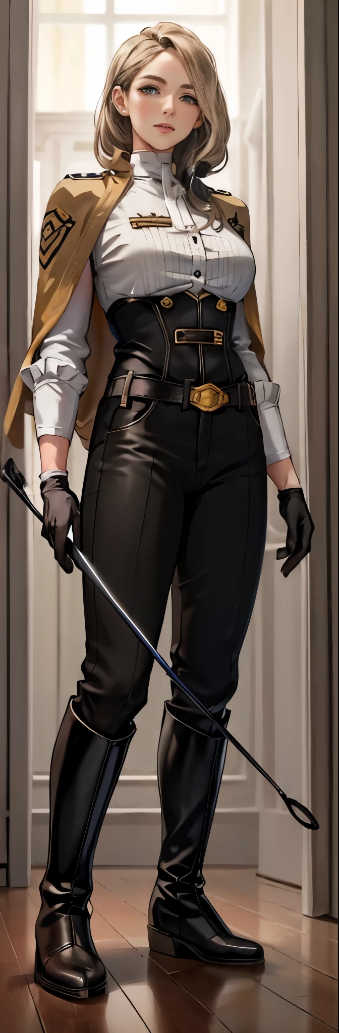 Mature female, adult, milf, mature, 30 years old, woman ((solo)),(1girl),standing, full body, authority, queen, leather outfit, dominant, (muscular), long sleeves, double-breasted, (holding riding crop:1.2), (black knee-high boots:1.4), (uniform pants:1.2),devious, seductive, evil, confident, belt, cape, standing, bedroom, military uniform, looking at viewer, from below, clean floor, empty room, large windows, guard, warden, queen, commander, (smirk:0.33) tall, deadpan, (black gloves:1.6)