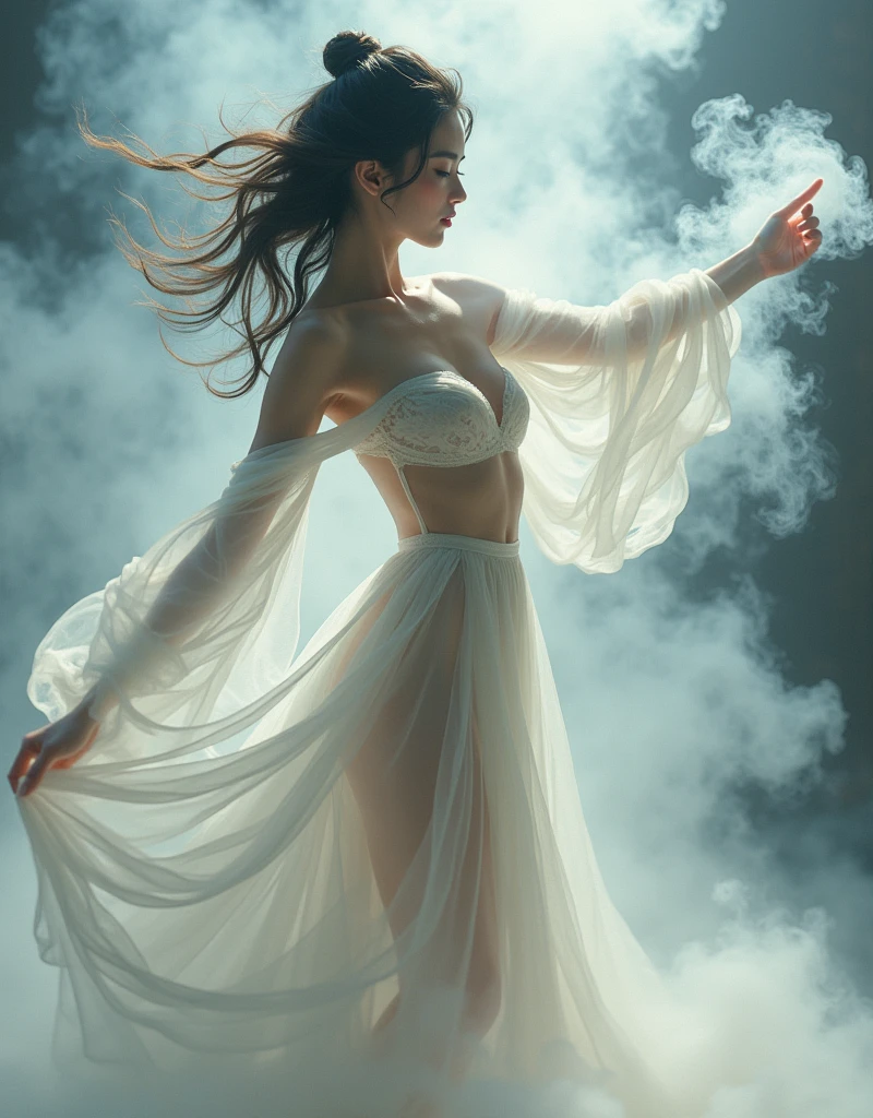 A painting of an Eastern woman made of smoke,dance, Sweaty body stockings,Beautiful posture,Art Photography