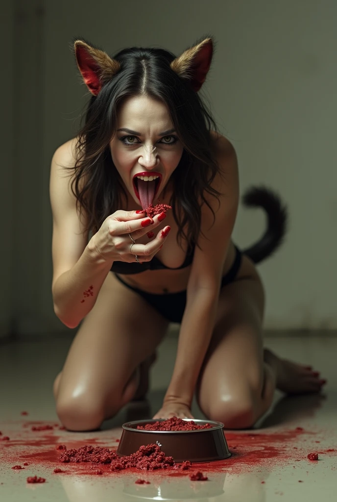 ((Highest quality)), ((masterpiece)), (detailed), A femdom queen is lying on the floor, laughing at me, scared.、Kawairasii is standing with his mouth open as if asking for help, stepping on the puppy's head with his right paw., Latex Bondage Suit, Actual photo, Male puppies,Fishnet tights, Stiletto heels, Blood, Goa, 8k, Crushed (((Broken Skull))) foot, Gruesome Heels
