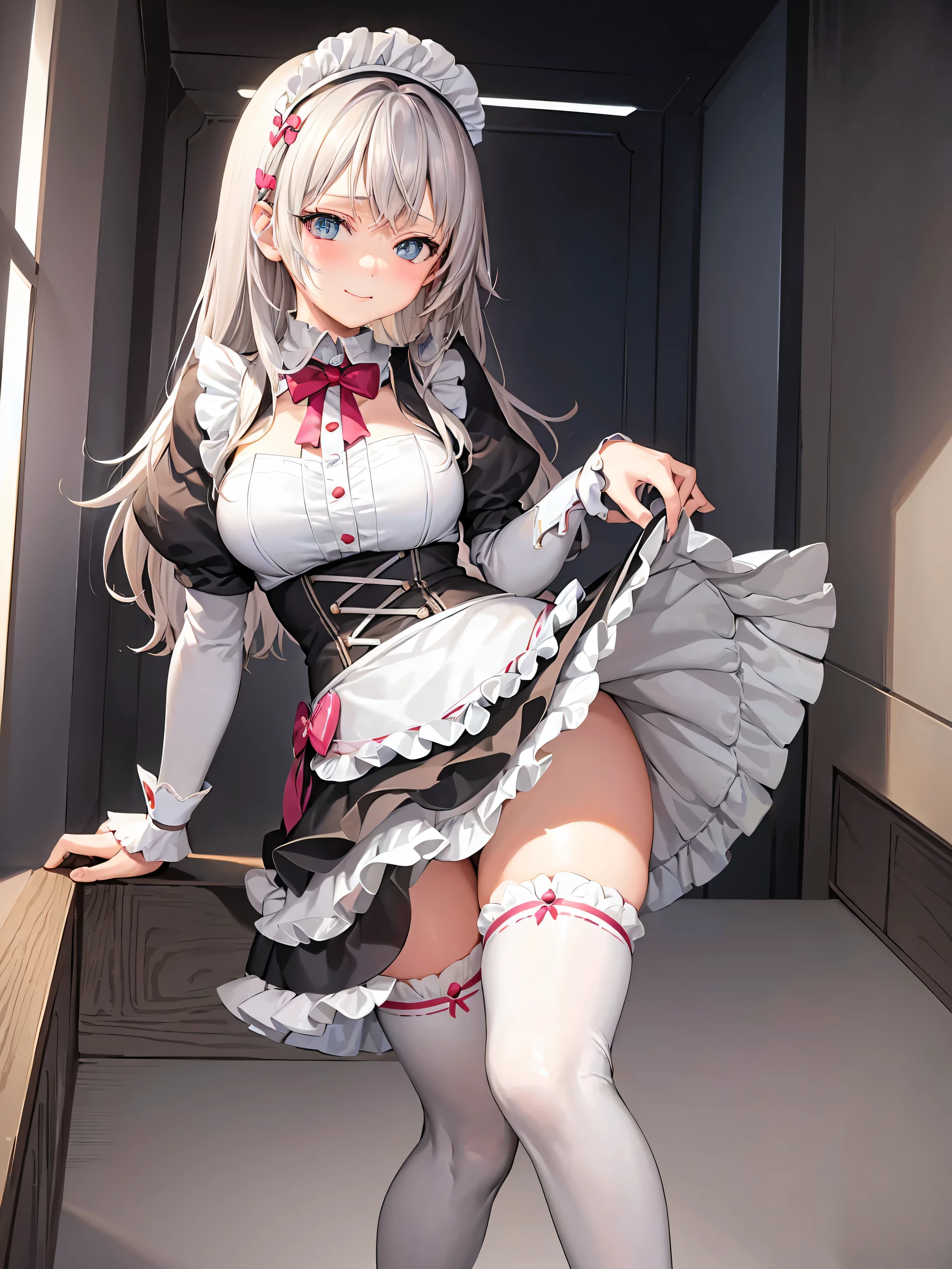 a cute anime maid girl in a mini skirt and thigh-high white stockings, looking at the camera with a slight smile, camera focusing on her legs, detailed facial features, beautiful eyes, elegant and feminine pose, intricate maid outfit, detailed rendering, photorealistic, 8k, high quality, studio lighting, vibrant colors, warm color palette