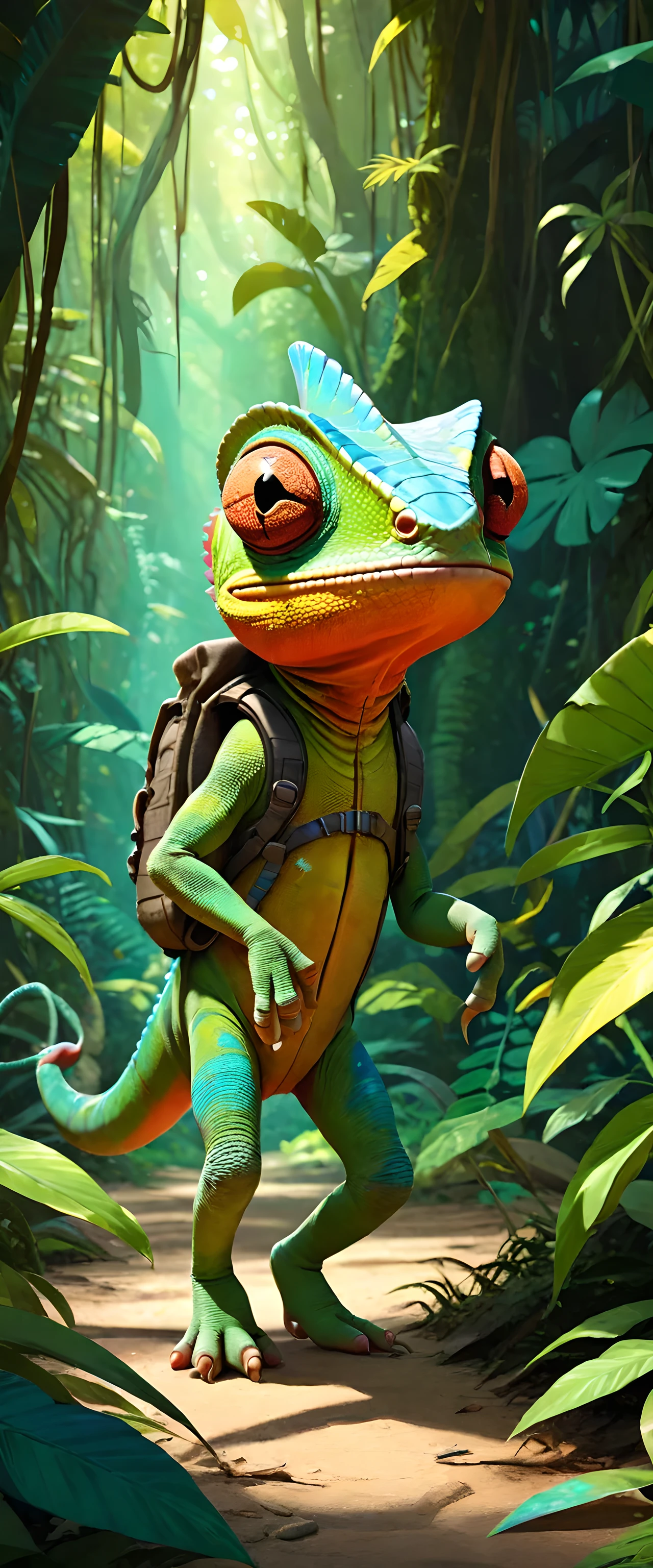 cute cool chameleon adventurer walk in wild colorfully jungle, oversaturated, by Jean-Baptiste Monge, Gilles Beloeil, Tyler Edlin, Marek Okon, Pixar, 8k, album art, comic style, golden ratio, perfect composition, a masterpiece, trending on artstation