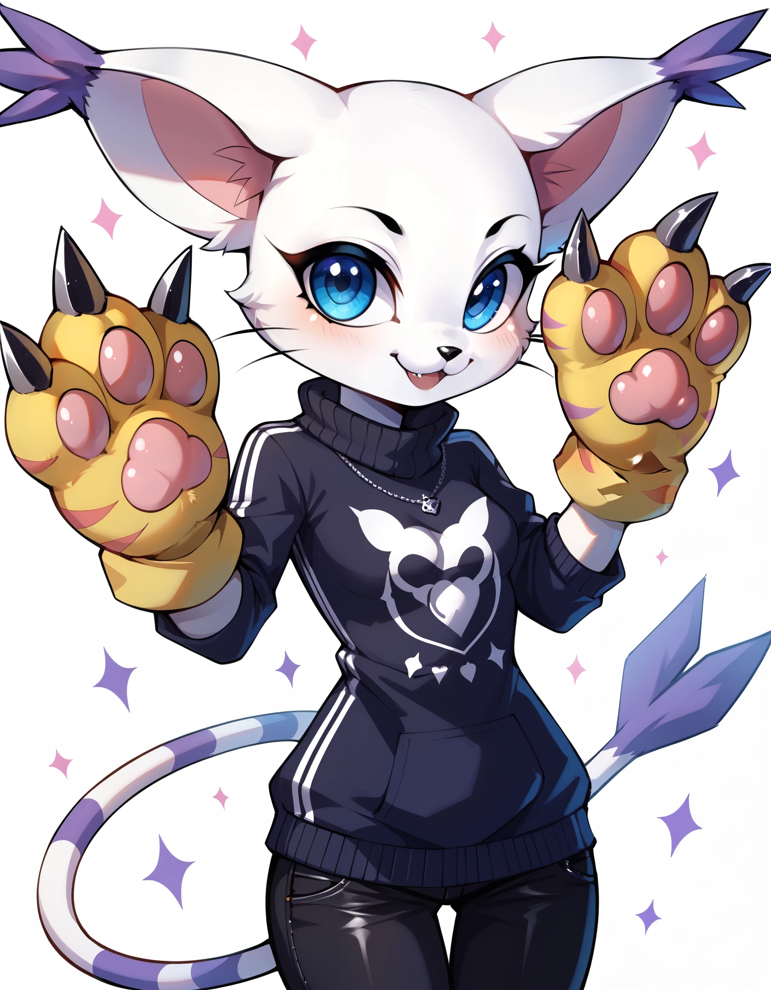 score_9, score_8_up, score_7_up, rating_safe, gatomon black, wild, (digimon), solo, alone, looking at viewer, blue eyes, black fur, striped tail, gloves, paw shaped gloves, paw pads,, digital_media_(artwork) hi_res, beautiful, anthropomorphic, furry, female, slim, slender, small breasts, cute, big sweater, blonde fur, beautiful blue eyes, smile, alone, nsfw, black Gatomon, Black Tailmon, no pants, white background