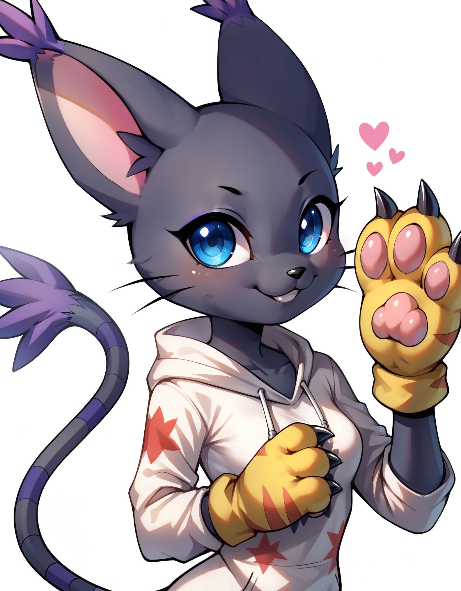 score_9, score_8_up, score_7_up, rating_safe, gatomon black, wild, (digimon), solo, alone, looking at viewer, blue eyes, black fur, striped tail, gloves, paw shaped gloves, paw pads,, digital_media_(artwork) hi_res, beautiful, anthropomorphic, furry, female, slim, slender, small breasts, cute, big sweater, blonde fur, beautiful blue eyes, smile, alone, nsfw, black Gatomon, Black Tailmon, no pants, white background