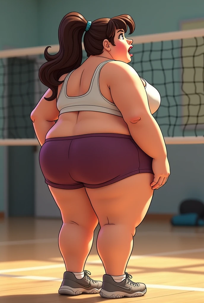 (female wrestler), slender body, mature woman, milf, (bikini, wrestling gear, sports hand band ) victorious, gorgeous, winner, kind face, smile, closed mouth, sitting, sport shoes, pulling one leg up, pale skin, (black hair color:1.1), wavy hair, ((long hair, hime cut), big breasts, only one arm stretching, long belly, closed fists