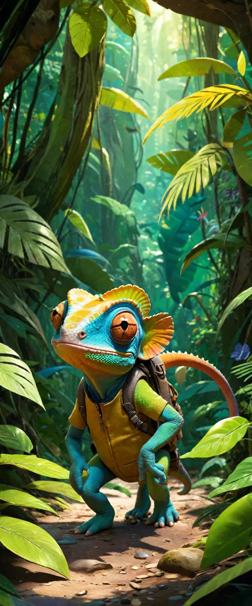 cute cool chameleon adventurer walk in wild colorfully jungle, oversaturated, by Jean-Baptiste Monge, Gilles Beloeil, Tyler Edlin, Marek Okon, Pixar, 8k, album art, comic style, golden ratio, perfect composition, a masterpiece, trending on artstation