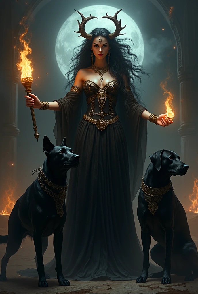 Goddess Hekate with her symbols and black dogs