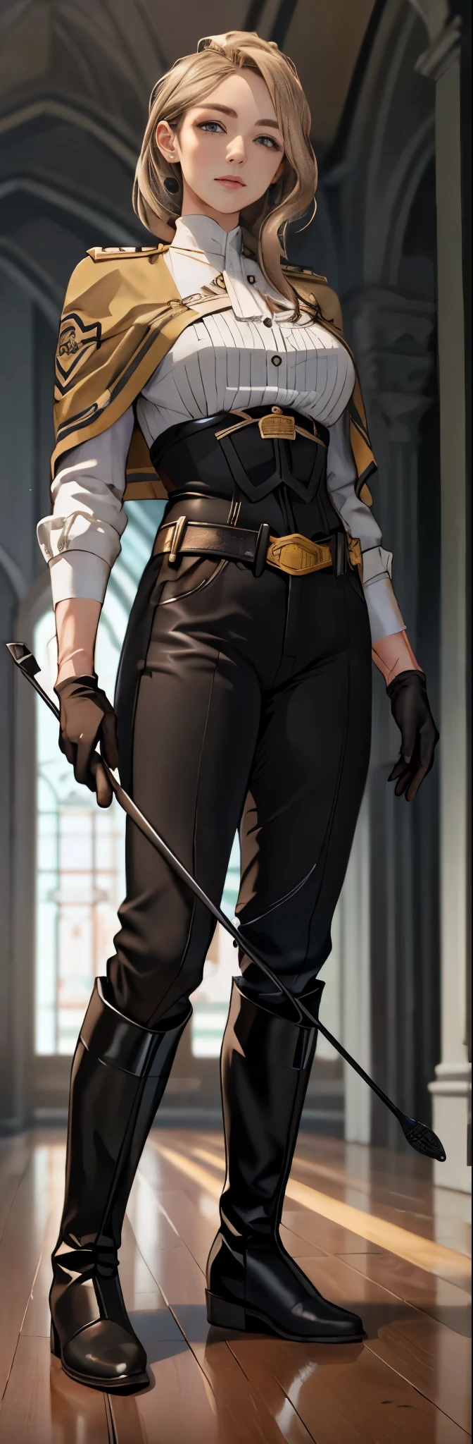 Mature female, adult, milf, mature, 30 years old, woman ((solo)),(1girl),standing, full body, authority, queen, leather outfit, dominant, (muscular), long sleeves, double-breasted, (holding riding crop:1.2), (black knee-high boots:1.4), (uniform pants:1.2),devious, seductive, evil, confident, belt, cape, standing, bedroom, military uniform, looking at viewer, from below, clean floor, empty room, large windows, guard, warden, queen, commander, (smirk:0.33) tall, deadpan, (black gloves:1.6)