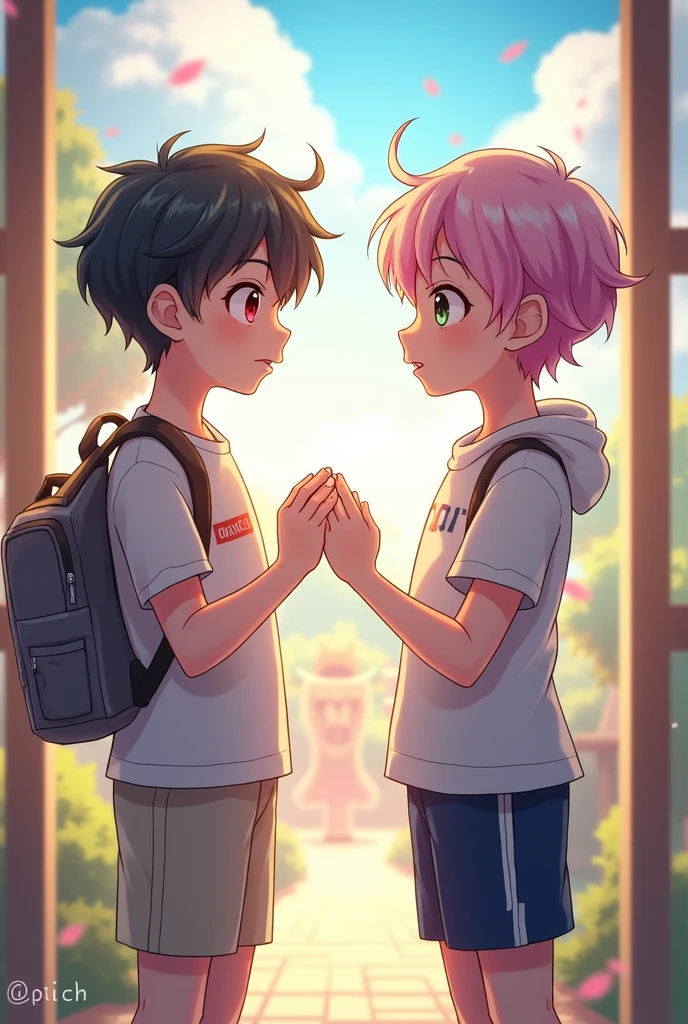 A cute image of two boys, they are holding hands and wearing girls' uniforms. They are both kissing and they are wearing backpacks, one is a unicorn and the other is a kitten. They are in the city going to school and there are some sunflowers near them. The image has to be in anime.