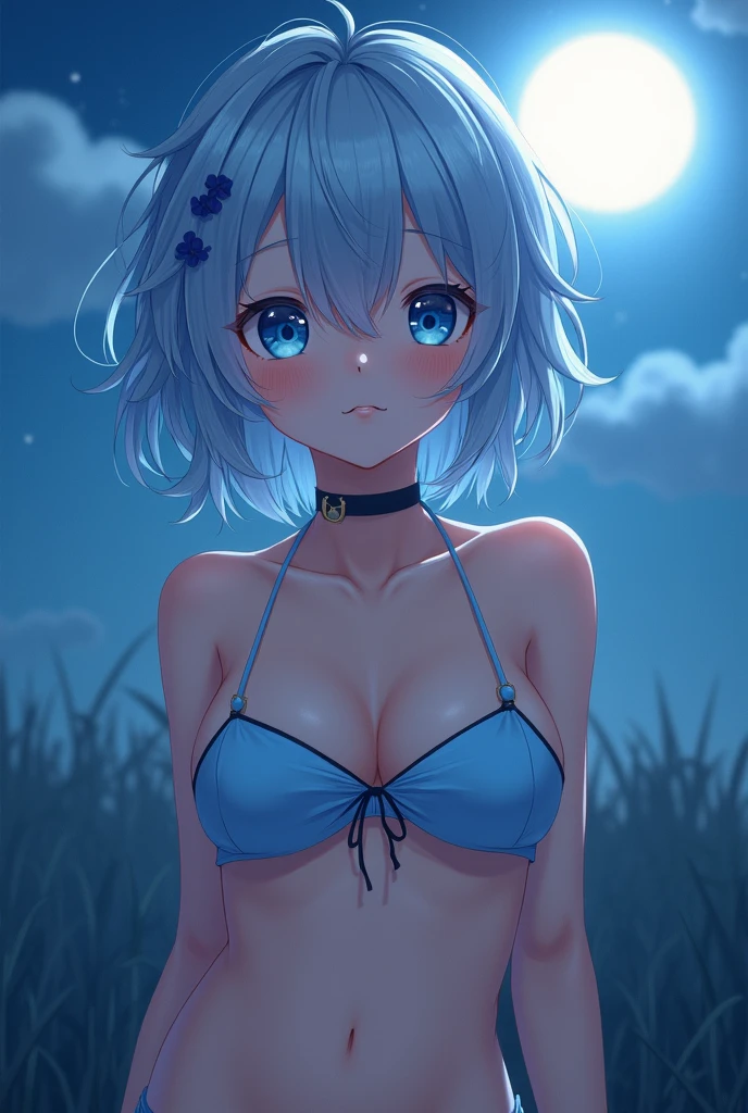 Naked, smoll stature, purple hair, purple eyes, flat tits, beach, short hair, chibi, naked, kneeling, show pussy
