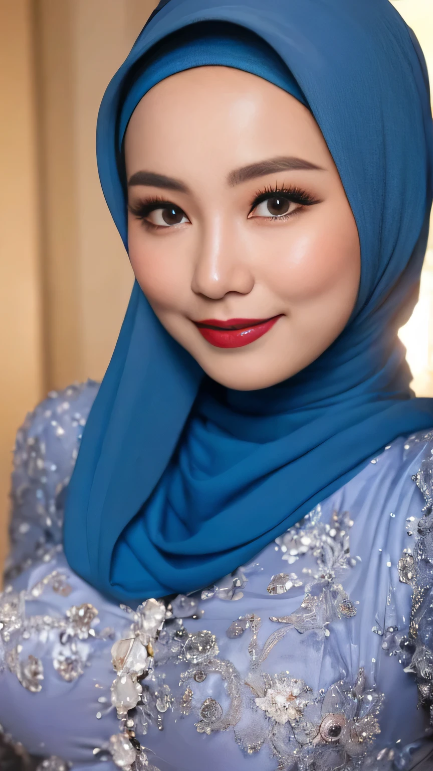 ((Realistic lighting, Best quality, 8K, Masterpiece: 1.3)), Clear focus: 1.2, 1 indonesian hijab girl, ta , Perfect close up, beauty nude, naked, (Blue hijab, medium saggy breasts: 1.3),  lace material, (indoor, night: 1.1), porn studio background, Super fine face, fine eyes, double eyelids, naughty smile, sexy seducing close up pose, Red Lipstick, Sensual Lipstick, Sensational Make up 