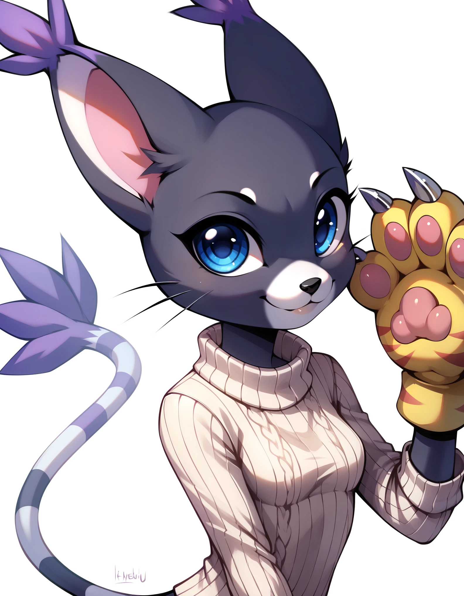 score_9, score_8_up, score_7_up, rating_safe, gatomon, wild, (digimon), solo, alone, looking at viewer, blue eyes, black fur, striped tail, gloves, paw shaped gloves, paw pads,, digital_media_(artwork) hi_res, beautiful, anthropomorphic, furry, female, slim, slender, small breasts, cute, big sweater, blonde fur, beautiful blue eyes, smile, alone, nsfw, black Gatomon, Black Tailmon, no pants, white background