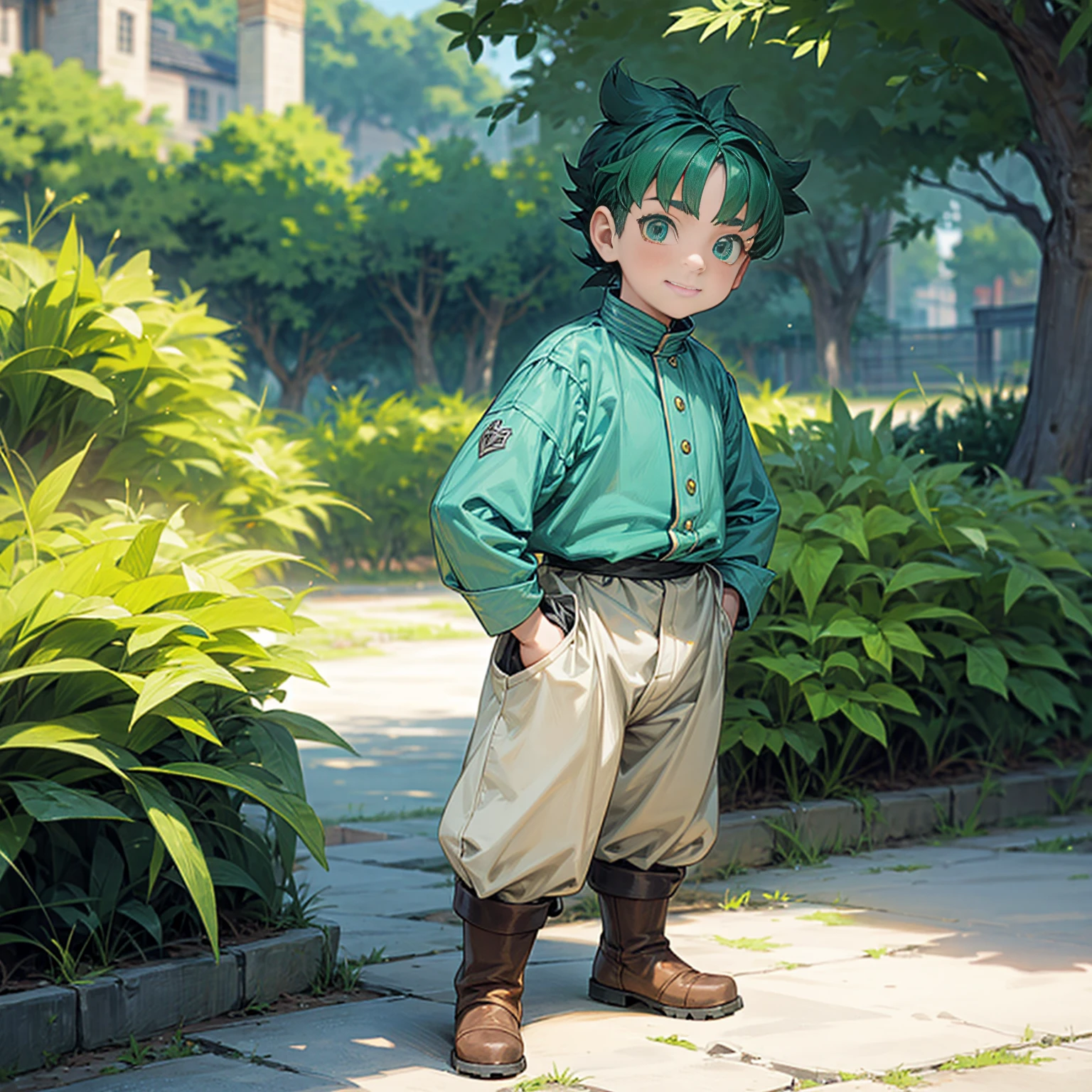 Solo character, full body version, kid boy, very fat, green eyes, blue color hair, bob hair, casual clothing, white color clothing, brown pants, boots, outdoor, park, village, medieval, standing gesture, detailed background, detailed clothing, detailed hair, (Hunter x Hunter style art), sad eyes, smile mouth 