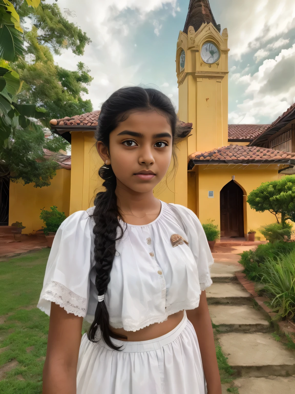 Raw photo , 20 yo old 1 girl  ,Wearing white  traditional clothes ,sri lanka cute teen 20 years old girl ,  with plait, professional photographer, (hdr:1.4), masterpiece, ultra-realistic 8k, perfect artwork, intrincate details, cute face, award winning photograph, (Best quality, 8k, 32k, Masterpiece, UHD:1.3) ,