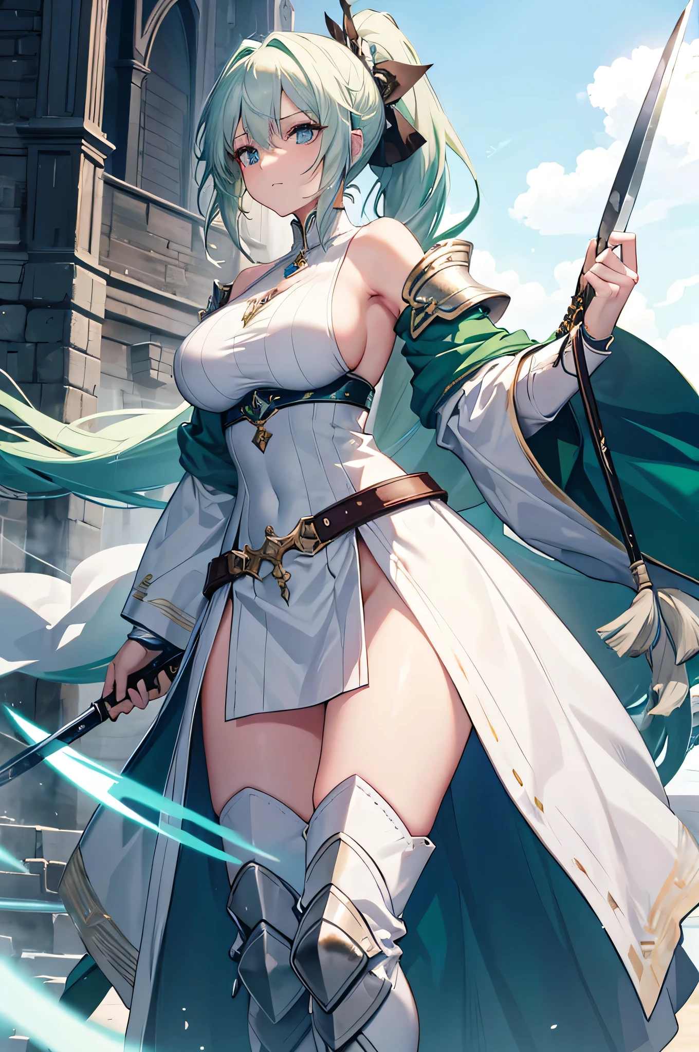 (highest quality, In 4K, 8k, High resolution, pieces fly:1.2),Super detailed,,30 year old female,mature woman,成mature woman,,master piece, highest quality, super fine,maximum resolution, very detailed, sexy,beautiful eyes,nice&beauty,(bikini armor, valkyrie armor,thigh high socks,big breasts,crotch focus,pocket,)),T-back,braided hair,seductive thighs,code,green hair,short bob cut,cowboy shot,In a medieval castle,Spears in the hands