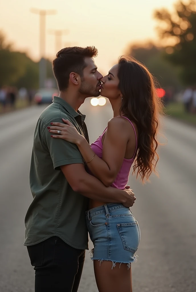 two people Romantic straight couple in the Road naked woman and nude man both making love She's sitting on top of him