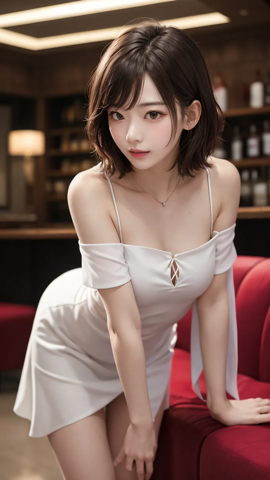 front worm's eye view, stunning beautiful woman , wearing strapless mini dress, sitting in the table, open legs