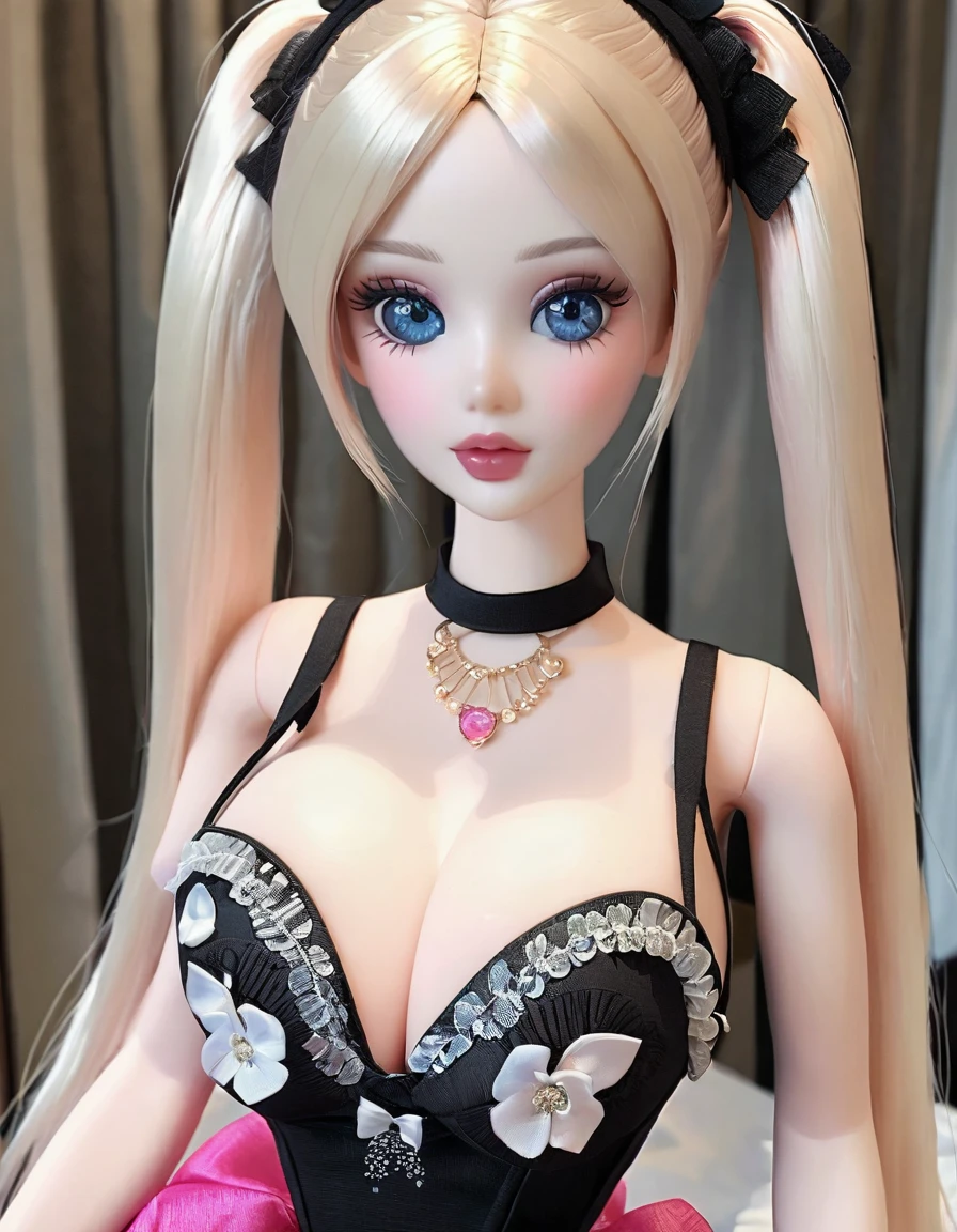 (masterpiece, Best quality: 1.2), 1twintails barbie doll,doll，Colloid， Exquisite eyes, Wide hips, Colloid皮肤，(Wear hot underware,)，Huge natural breasts，