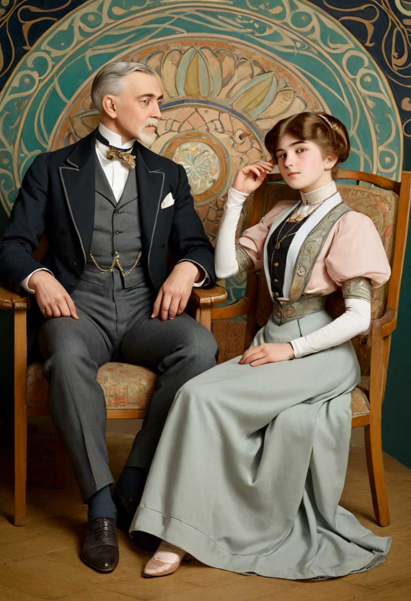 portrait of a gorgeous 14yo girl sitting on a chair, surrounded by an elderly suitor, art nouveau style. Year 1905. 1905_dr3ss. Girl wearing a fashionable Edwardian outfit, hourglass figure. Men wearing dinner suits. 1girl, 1man