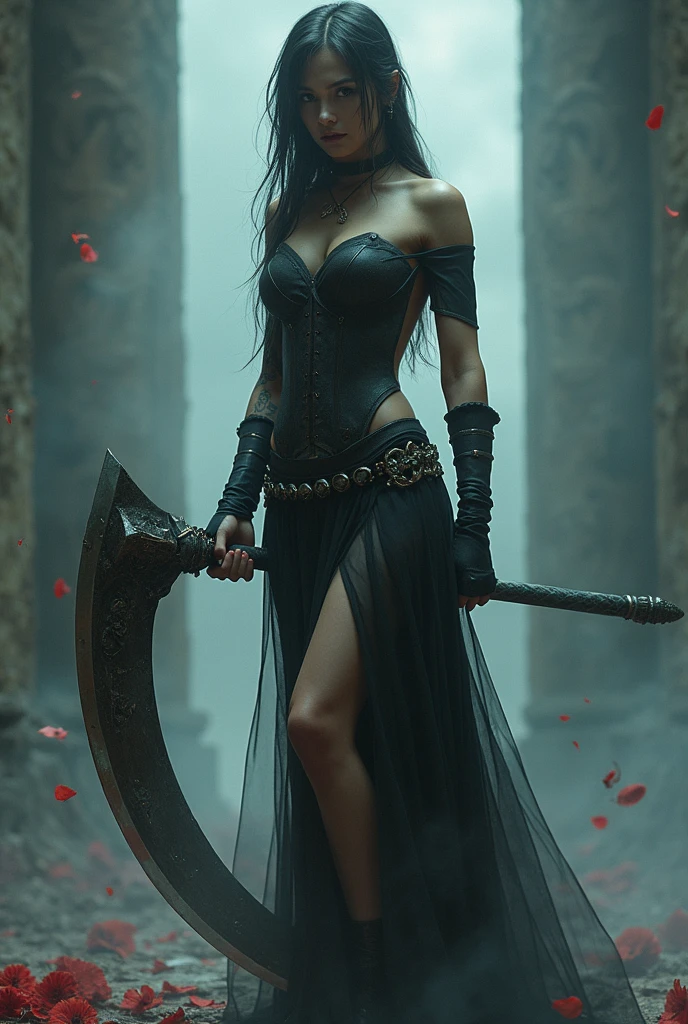 Masterpiece、8k、Highest quality、Anatomically correct、Very cute dark-haired girl holds a huge sword against her bare chest、Bleeding from the body