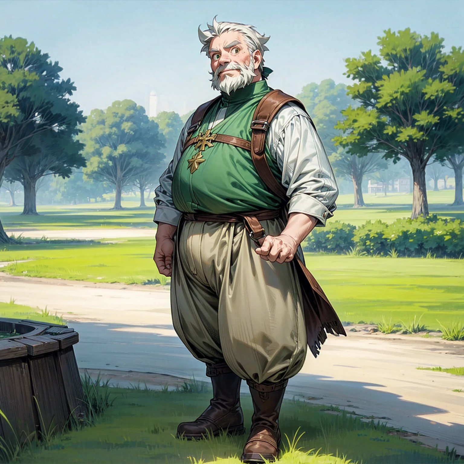 Solo character, full body version, old man, white beard, very fat, green eyes, blue color hair, bob hair, casual clothing, white color clothing, brown pants, boots, outdoor, park, village, medieval, standing gesture, detailed background, detailed clothing, detailed hair, (Hunter x Hunter style art), sad eyes, smile mouth 