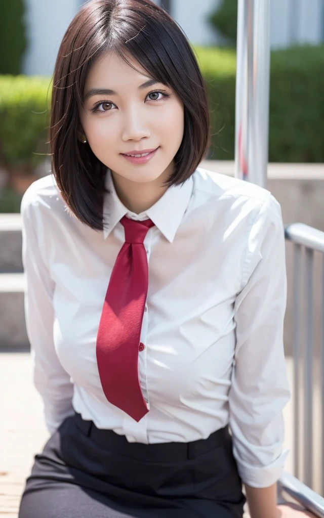 girl, Hyper Realistic, masterpiece, smile, portrait, bobhair, light gray pencil skirt suit, white shirt, red necktie, pantyhose