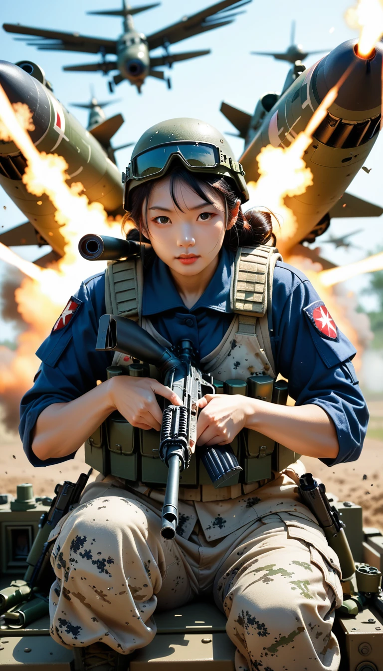 16 year old girl in beautiful Japan of Self-Defense Forces fighting on the battlefield, light muscles, world war, modern war theme, army girl, rifle, (holding a rifle: 1.3), (aiming and holding rifle: 1.3), soldier girl, infantry girl, shootout, air raid, air strike, military, camouflage uniform, burning vehicle, warzone, battlefield, war, ruins, explosion, burning city, smoke, ( helmet), torn tank top, belly button, gloves, torn military pants, face stained with mud and blood, sweaty skin, bloody skin, mud-stained skin, small, cleavage, sad expression of despair, painful expression, highest quality, ultra-high resolution, absurdity, realistic, physically based rendering, cinematic lighting, complex and cinematic appearance, cinematic soft light, soothing tone, battlefield background, urban war background, photorealistic, cowboy shot, dynamic angle
