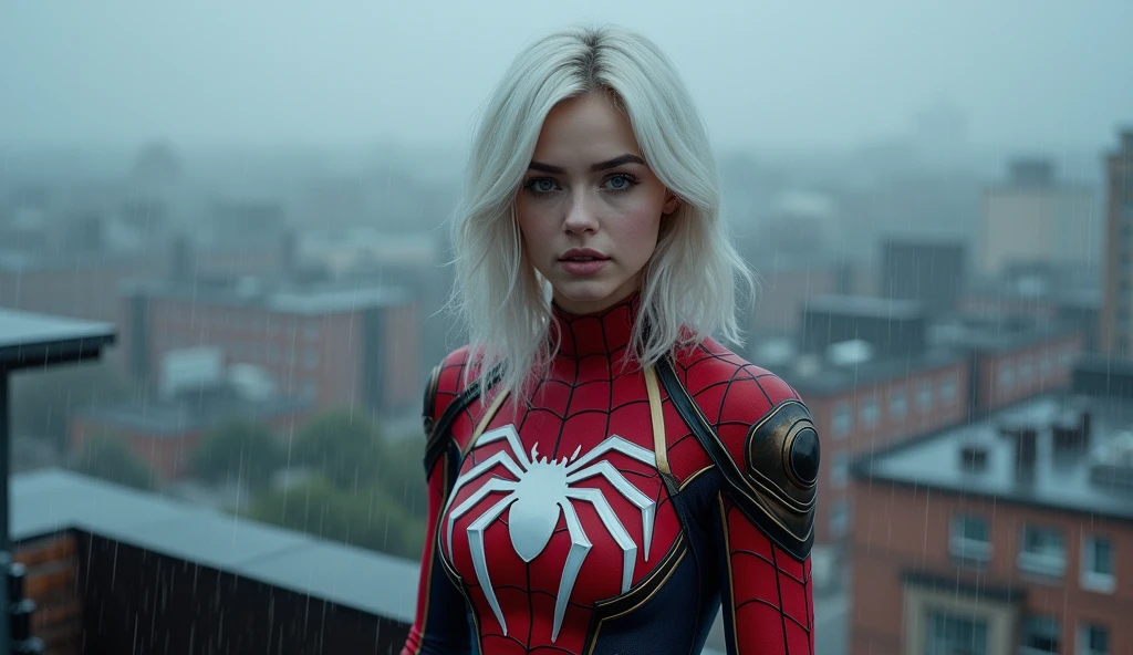 At night, RAW photo, (((extremely beautiful full body shot))), ((gwen stacy)) wear black spiderman, 1girl, 18 years old girl, (gray hair color)), [blue eyes], asymmetrical messy hair, eyeliner, piercing, vibrance, ((masterpiece, best quality, hyper detailed, Cinematic light, intricate details, highres, 8k, extremely detailed)), building top night city background, 8k uhd, dslr, soft lighting, high quality, film grain, Fujifilm XT3, shallow depth of field, natural light, (perfect hands), perfect face, piercing