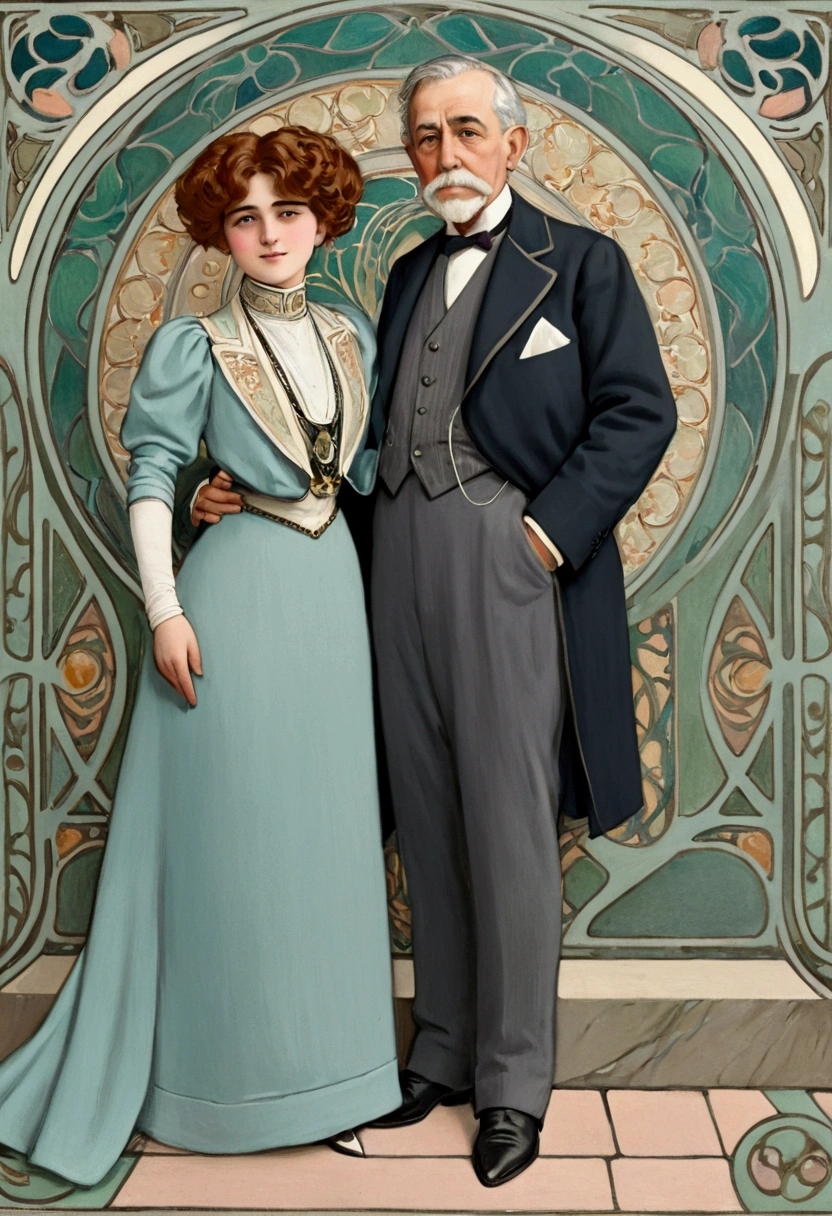 portrait of a gorgeous yo girl and her elderly 69yo suitor, art nouveau style. Year 1905. 1905_dr3ss. Girl wearing a fashionable Edwardian outfit, hourglass figure. Man wearing dinner suit. 1girl, 1man