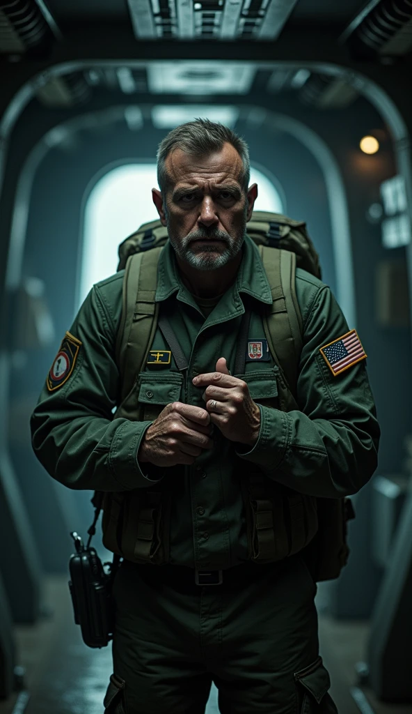 Movie still of a man in cockpit, space helmet,  space suit, life support system, breathing apparatus