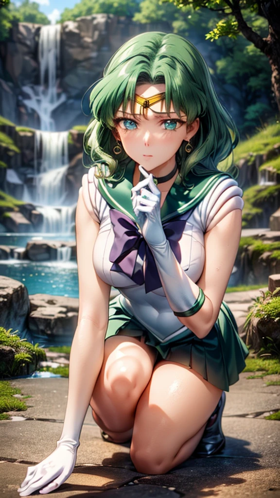 (masterpiece:1.2), best quality, high resolution, unity 8k wallpaper, (illustration:0.8), (beautiful detailed face:1.2, beautiful detailed eyes:1.2), perfect lighting, extremely detailed CG, (perfect hands, perfect anatomy), 

Cute, beautiful, charming lady, shiny hair, lustrous skin, beautiful light big eyes, 
milf, married woman, soft With a gentle appearance and a gentle mother-like atmosphere,
Feminine style, beautiful kubire, beautiful, naughty face,

neptune_a, dark green hair, medium hair, aqua eyes, circlet, jewelry, earrings, choker, sailor senshi uniform, green sailor collar, chest bow, back bow, plead skirt, green skirt, white elbow gloves, 

solo, High resolution, One girl, Anatomically correct, 最high quality, High resolution, masterpiece, accurate, High-resolution model, high quality, Ultra high definition, Textured skin, 

(((waterfall、The Forest:1.5)))、(((Depict the whole body、Get on both knees、Sit down:1.6)))