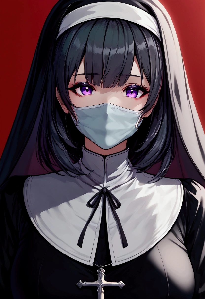 score_9, score_8_up, score_7_up, score_6_up, absurdres, very aesthetic, cinematic light, backlighting, blur background, 1girl, mature woman, beautiful girl, nun, mouth mask, medium hair, bangs, black hair, purple eyes, Pretty Face, expressionless, scared, looking at viewer, Portrait, looking a view, dutch angle shot, (background : Red Background),