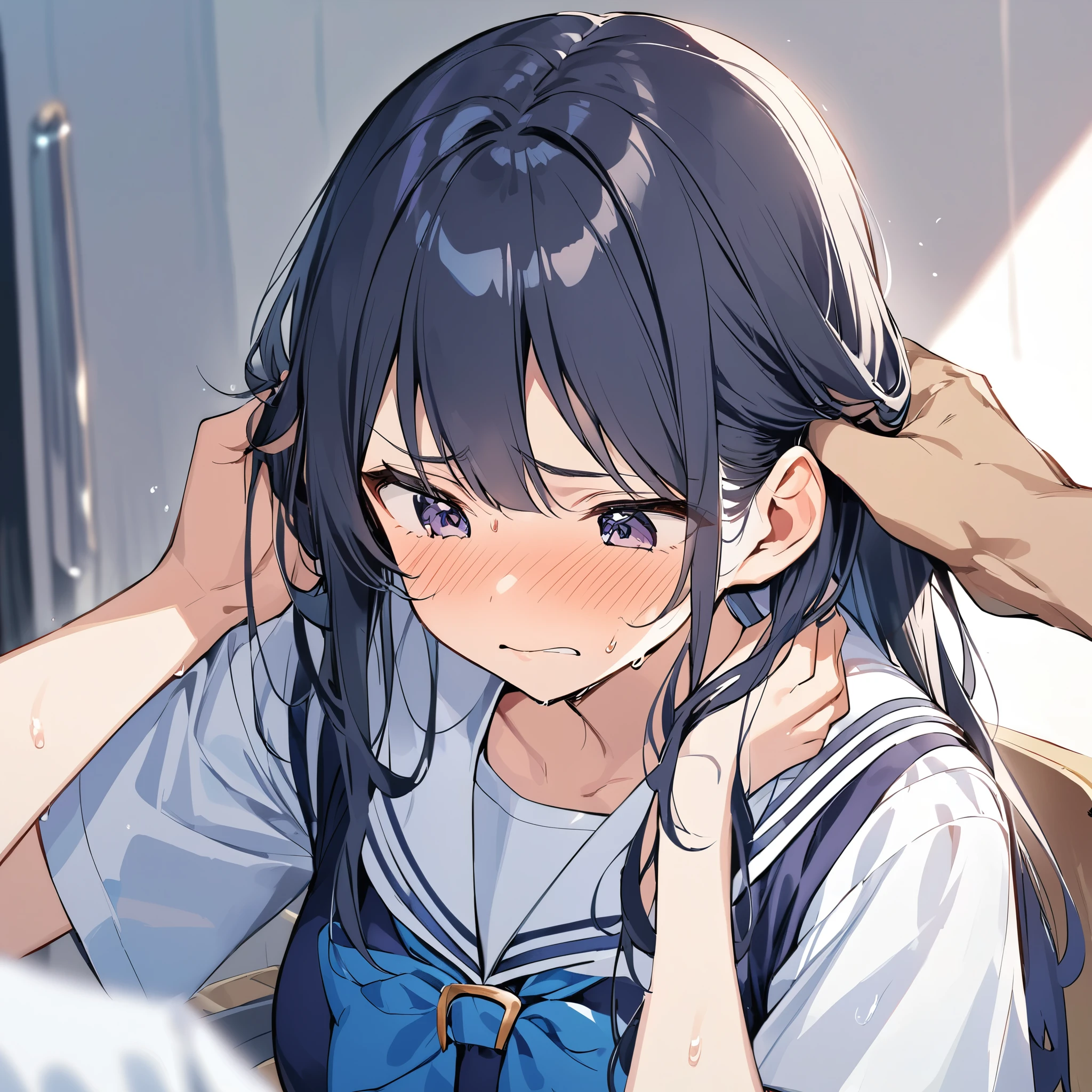 Highest quality, Super detailed, masterpiece, Ultra-high resolution, 8K, Embarrassing, blush, Lovely, Close one eye, (With tears in her eyes and her mouth open), drooling, 1girl, mejiro ramonu \(umamusume\), umamusume, bent over, (Sailor uniform, micro mini skirt, (light blue striped see-through micro panties), Sticky panties, cameltoe, (beautiful ass)), (bare back, crop back), Underboob, Sideboob, black stockings, (Thighs), (Curvy waist), Shower room, (from above)