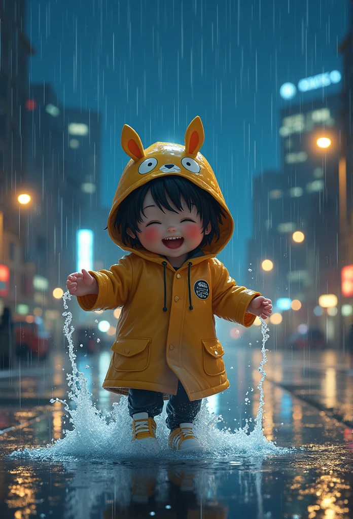 little monkey is laughing with the background of the city at night rainy weather (cyberpunk city atmosphere)) looks happy, real picture, high quality