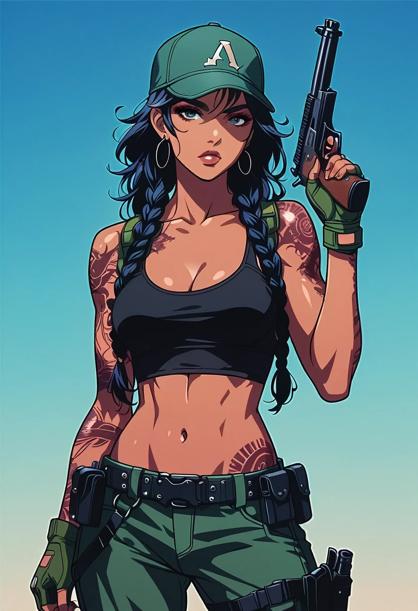 score_9, score_8_up, score_7_up, score_6_up,1girl, solo, weapon, gun, gloves, earrings, holding_weapon, tattoo, breasts, jewelry, holding, fingerless_gloves, hat, braid, holding_gun, navel, twin_braids, belt, black_hair, hoop_earrings, midriff, cleavage, tank_top, crop_top, looking_at_viewer, medium_breasts, green_gloves, baseball_cap, pants, arm_tattoo, handgun, trigger_discipline, lips, shoulder_tattoo, holster, long_hair, dark_skin, collarbone, thick_eyebrows, GLSHS, NEOST